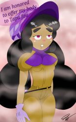  absurdres black_hair dark_skin dazed drool female_only femsub gloves hapu_(pokemon) hat hypnotic_gas long_hair looking_at_viewer lorddandan nintendo pokemon pokemon_sun_and_moon ring_eyes solo standing standing_at_attention tagme text twintails 