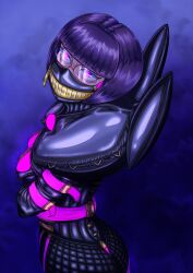 banette bodysuit bondage crossed_arms glasses latex mask nintendo pokemon pokemon_(creature) possession purple_hair restrained shauntal tagme