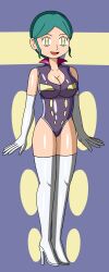  bodysuit breasts calnero cleavage female_only femsub high_heels large_breasts latex malamar_outfit nintendo officer_jenny pokemon pokemon_(anime) pokemon_x_and_y solo standing standing_at_attention 