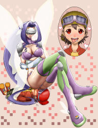 blush breasts charm_(spell) cleavage clothed crossed_arms crossed_legs digimon digimon_frontier hat heart heart_eyes human_furniture hypnotic_ass hypnotic_magic kazemon large_breasts long_hair magic malesub purple_hair short_hair sitting sitting_on_face sweat symbol symbol_in_eyes thighhighs thighs tongue tongue_out wings