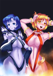 blue_eyes breasts corruption empty_eyes female_only hadant happy_trance large_breasts long_nails mai_tokiha midriff multiple_girls my-hime red_eyes red_hair sailor_mercury sailor_moon_(series) short_hair signature simple_background watermark white_skin