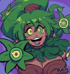  breasts cleavage clothed eyebrows_visible_through_hair female_only femdom green_hair green_lipstick hypnotic_eyes hypnotic_plant large_breasts lipstick long_hair looking_at_viewer makeup open_mouth ponytail pov pov_sub psyfly ring_eyes signature smile spiral_background tongue 