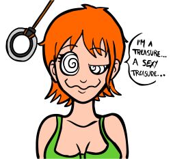 dazed female_only femsub happy_trance nami_(one_piece) one_piece pendulum red_hair smile spiral_eyes symbol_in_eyes terrie text