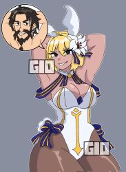  alternate_costume arcueid_brunestud arms_above_head beard black_eyes blackbeard_(fate) blonde_hair bunny_ears bunny_girl bunnysuit clothed costume dark_skin earrings eye_color_change fake_animal_ears fate/grand_order fate_(series) femsub flower flower_in_hair gio_bodyswap grey_background maledom naughty_face naughty_smile pantyhose phantasmoon pirate posed posing possession short_hair simple_background speech_bubble thick_thighs thighs tsukihime 