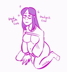  aina_(inkyfluffsdraws) animated animated_gif bottomless breasts breasts_outside clothed_exposure exposed_chest femsub glasses good_sub_conditioning happy_trance inkyfluffsdraws kneeling long_hair mantra original sleepy smile sweater 