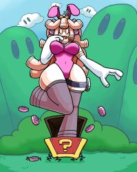  breasts bunny_ears bunny_girl bunnysuit chabble clothed coin crown femsub gimmighoul maledom nintendo pokemon pokemon_(creature) pokemon_scarlet_and_violet princess princess_peach royalty super_mario_bros. transformation treasure_chest 