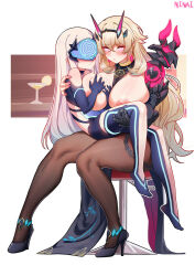  barghest_(fate) blonde_hair breast_fondling breasts cleavage erect_nipples exposed_chest expressionless fate/grand_order fate_(series) female_only femdom femsub gloves glowing glowing_eyes high_heels huge_breasts hypnotic_accessory hypnotic_screen jewelry long_hair manip melusine_(fate) misterman4_(manipper) ninai opera_gloves simple_background sitting spiral_eyes symbol_in_eyes tech_control thighhighs topless visor white_background 