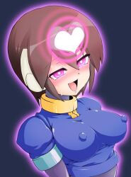 aile blush brown_hair capcom collar control_indicator erect_nipples erect_nipples_under_clothes female_only glowing glowing_eyes happy_trance heart heart_eyes megaman_(series) megaman_zx nipples open_mouth pink_eyes semikichi short_hair smile solo standing standing_at_attention sweat symbol_in_eyes 