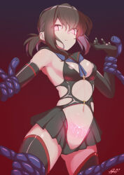  armpits ayuman_oekaku bare_shoulders brown_hair clothed_exposure crotch_tattoo empty_eyes expressionless female_only femsub fubuki_(kantai_collection) gloves glowing gradient_background kantai_collection looking_at_viewer mechanical_arm miniskirt navel opera_gloves pink_eyes signature skirt small_breasts solo standing tentacles thighhighs twintails 