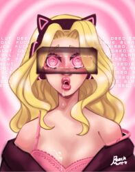  bimbofication blonde_hair bra cleavage clothed drool headphones heart_eyes hypnotic_audio hypnotic_screen peachmutt pink_background pink_eyes signature spiral_background spiral_eyes tech_control text undressing unfocused_eyes virtual_reality visor x-ray 