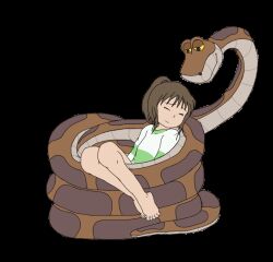  animated animated_gif barefoot breasts brown_hair chihiro_ogino coils disney femsub happy_trance kaa maledom open_mouth phantomgline sleeping snake spirited_away the_jungle_book transparent_background vore 