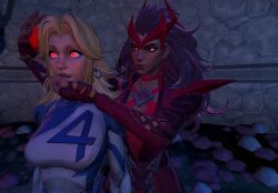 3d betrayal blonde_hair brown_hair chin_hold dazed femdom femsub glowing_eyes hypnolordx long_hair magic marvel_comics marvel_rivals milf multiple_girls open_mouth red_eyes source_filmmaker super_hero susan_storm wanda_maximoff