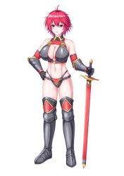 18saduka abs ahoge armor boots breasts cleavage cleavage_cutout empty_eyes expressionless eyebrows_visible_through_hair female_only femsub gauntlets gloves large_breasts liz_(welcome!_hypnotic_village) midriff navel official open_mouth preview red_eyes red_hair short_hair simple_background solo standing sword thighs weapon welcome!_hypnotic_village white_background