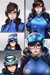  ai_art breasts brown_hair comic drool empty_eyes expressionless femsub glasses hair_buns helmet large_breasts mei_(overwatch) novelai_(ai) open_mouth overwatch qiller snow sweat tech_control 