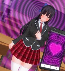  3d before_and_after black_hair blackboard blush cell_phone classroom corruption custom_maid_3d_2 dfish303 female_only femsub grey_eyes heart high_heels hypnotic_app japanese_text long_hair looking_at_viewer phone ribbon school_uniform skirt socks spiral spiral_background tech_control thighhighs tie 