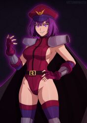alternate_costume athena_asamiya aura breasts cap capcom cape clothed corruption crossover evil_smile femsub hand_on_hip looking_at_viewer m._bison maledom possession psycho_soldier purple_eyes purple_hair short_hair smile street_fighter thighs victoriamikoto