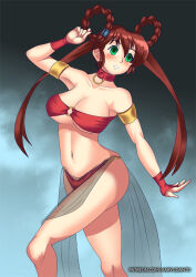 arm_bands braid breasts brown_hair cleavage collar devil_hunter_yohko empty_eyes expressionless female_only femsub green_eyes hadant harem_outfit large_breasts loincloth long_hair midriff navel see-through signature simple_background solo twin_braids watermark yohko_mano
