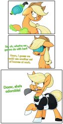  absurdres animals_only applejack blonde_hair comic cowgirl dialogue drool female_only femsub furry green_eyes happy_trance horse hypnotic_accessory long_hair maid moonatik my_little_pony smile solo tech_control text visor 