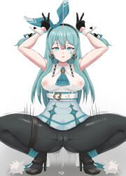  absurdres arms_above_head ass bangs belt black_survival blue_eyes blue_hair cameltoe cleavage cuffs double_v emma_(black_survival) empty_eyes eomo erect_nipples erect_nipples_under_clothes expressionless face_paint female_only femsub gloves hair_band hair_ornament high_heels large_breasts long_hair open_mouth pantyhose pendulum pussy_juice see-through simple_background solo spread_legs squatting tie twintails v wet white_background 