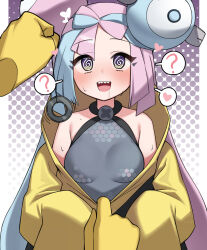  absurdres bangs bare_shoulders blue_hair blush border breasts clothed coin collar confused drool femsub gloves hair_ornament happy_trance heart iono_(pokemon) long_hair magnemite multicolored_hair nintendo open_mouth pendulum petite phantom_hand pink_hair pokemon pokemon_scarlet_and_violet pov_dom sharp_teeth simple_background small_breasts spiral spiral_eyes sweat sweater symbol_in_eyes undressing zirorong 