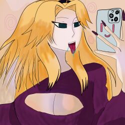  absurdres blonde_hair cleavage_cutout drool female_only femsub hair_band large_breasts original phone purple_nails shysketches spiral_eyes sweater tongue_out v-nettle_(nettleseeds) 