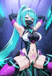  ai_art alternate_costume armpits arms_above_head blue_eyes blue_hair boots bottomless breath cables cleavage crotch_tattoo cyan_eyes cyan_hair empty_eyes face_mask female_only femsub gloves glowing hair_ornament high_heels large_breasts leotard navel nintendo open_clothes opera_gloves pneuma_(xenoblade) ponytail solo sweat tattoo thigh_boots thighhighs toirettopepa_no_fukuro_(generator) vaginal wires xenoblade_chronicles xenoblade_chronicles_2 