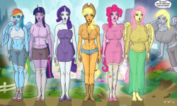  applejack barefoot blonde_hair breasts derpy_hooves dialogue expressionless feet female_only femsub fluttershy freckles furry hat horns kaa_eyes large_breasts long_hair multicolored_hair my_little_pony open_mouth personification pink_hair pinkie_pie rainbow_dash rarity standing standing_at_attention straight-cut_bangs text trishbot twilight_sparkle western wings 