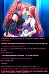 aliensdideverything_(manipper) blue_eyes bondage cuffs dialogue female_only femdom femsub gundam_(series) gundam_seed hair_ornament lacus_clyne large_breasts long_hair manip mantra meer_campbell open_mouth pink_hair text whitewash_eyes