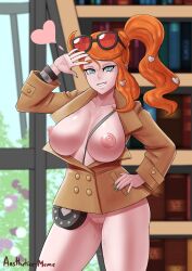 absurdres aestheticc-meme bottomless breasts breasts_outside empty_eyes female_only femsub glasses green_eyes hand_on_hip happy_trance heart icontrol_(manipper) large_breasts looking_at_viewer manip nintendo nipples open_clothes orange_hair pokemon pokemon_sword_and_shield pussy pussy_juice side_ponytail smile solo sonia_(pokemon)