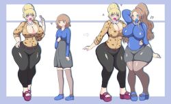 age_difference before_and_after bimbofication blonde_hair breasts brown_hair clothed earrings femsub heart hypnotic_lipstick hypnotized_hypnotist izmollizmoll jewelry large_breasts large_hips large_lips lipstick long_hair makeup milf necklace original pantyhose thighhighs transformation