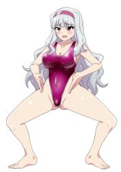 barefoot blush breasts female_only femsub haigure hair_band happy_trance large_breasts leotard open_mouth silver_hair simple_background solo takane_shijou the_idolm@ster very_long_hair