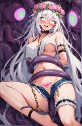 ahegao ai_art arm_bands arms_behind_back bangs bare_breasts barefoot blue_eyes blush bondage chains collar collarbone crotch_tattoo curvy female_only femsub flower flower_crown flower_in_hair hypnotic_tentacle izayoitsuki_(generator) long_hair messy_hair open_clothes open_mouth purple_background red_eyes restrained short_shorts shorts spiral_eyes sweat tentacles tongue tongue_out torn_clothes very_long_hair wet white_hair