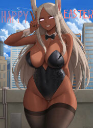 breasts bunny_ears bunny_girl bunnysuit cleavage cuffs dark_skin easter female_only femsub glowing glowing_eyes happy_trance huge_breasts large_hips long_hair looking_at_viewer manip misterman4_(manipper) my_hero_academia nail_polish outdoors rumi_usagiyama smile solo spiral_eyes symbol_in_eyes tagme text thighhighs white_hair zaphn