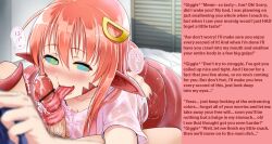 breasts caption darknessrising_(manipper) elf_ears fangs fellatio femdom hypnotic_eyes imminent_vore kaa_eyes large_breasts long_hair long_tongue looking_at_viewer male_pov manip miia_(monster_musume) monster_girl monster_musume naga_girl penis pov pov_sub red_hair snake_girl text tongue tongue_out tonguejob