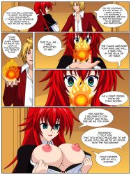  absurdres breasts comic empty_eyes femsub flame high_school_dxd hypnotic_fire hypnotic_orb jimryu large_breasts long_hair magic nipples open_mouth red_hair rias_gremory riser_phenex text undressing undressing_command 