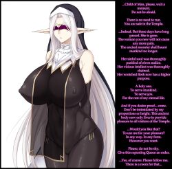 absurdres arms_behind_back aware bare_shoulders caption copyright_request elf elf_ears erect_nipples_under_clothes expressionless female_only femsub huge_breasts ijima_yuu maledom manip simple_background solo standing stewarone_(manipper) tech_control text very_long_hair visor white_background white_hair