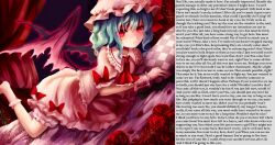 blue_hair caption caption_only demon_girl dress femdom hat its_shio_(manipper) looking_at_viewer manip monster monster_girl pov pov_sub red_eyes remilia_scarlet socks text touhou vampire wings