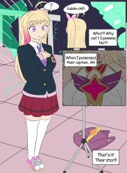 ahoge ahri_(league_of_legends) alternate_costume alternate_form alternate_hair_color bare_shoulders blonde_hair breasts comic confused crystal dialogue english_text femsub ghost kitsune_girl league_of_legends magical_girl maledom open_mouth outdoors possession purple_eyes ruination seraphine_(league_of_legends) skirt speech_bubble standing surprised sweat text thighhighs thighs tie vel viego_(league_of_legends) whitewash_eyes