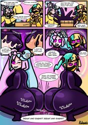  ass_expansion ass_focus bodysuit brain_drain breast_expansion breasts canari_(pokemon) comic dialogue female_only femsub happy_trance hypnotic_liquid iono_(pokemon) kilroylucy18 latex magnemite nintendo pokemon pokemon_legends_z-a pokemon_scarlet_and_violet sharp_teeth spiralwash_eyes text twerk 