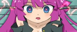  bare_shoulders blue_eyes blush brain_injection cleavage corruption dazed drool electricity empty_eyes female_only femsub glowing_eyes hitsugi_mc long_hair open_mouth purple_hair romin_kirishima small_breasts solo tech_control wires 