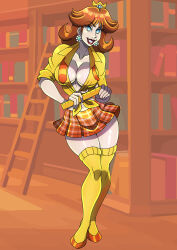 absurdres alternate_costume blue_eyes brown_hair cleavage crown earrings empty_eyes female_only femsub happy_trance hourglass_figure large_breasts long_hair looking_at_viewer midriff nintendo princess_daisy school_uniform shirt short_skirt skirt smile solo standing super_mario_bros. thighhighs tied_shirt zorro-zero