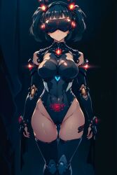  ai_art black_hair boots cameltoe cleavage crotch_tattoo cuffs drone expressionless female_only femsub fingerless_gloves gloves high_heels kaijin_(generator) large_breasts leotard opera_gloves solo standing standing_at_attention tattoo tech_control thick_thighs thigh_boots thighhighs twintails visor 