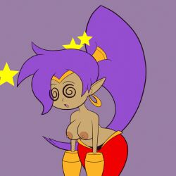  animated animated_gif apopop breasts brown_hair confused dazed femsub harem_outfit open_mouth ponytail purple_hair shantae shantae_(series) spiral_eyes spiralwash_eyes topless 