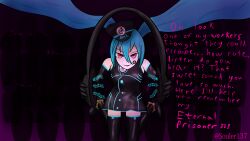 absurdres blue_hair boots breasts femdom gloves hat headphones hypnotic_audio hypnotic_music knee-high_boots large_breasts latex long_hair looking_at_viewer miku_hatsune pov pov_sub red_eyes smile soul text vocaloid
