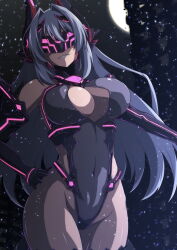 absurdres alternate_color_scheme alternate_costume alternate_hair_color aoi_tabane bangs bare_shoulders cleavage cleavage_cutout evil_smile female_only femsub gloves grey_hair headphones kouyoku_senki_exs-tia large_breasts leotard long_hair marina_katsuragi opera_gloves outdoors smile solo tech_control thigh_boots thighhighs very_long_hair visor wide_hips