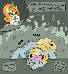 dialogue femdom femsub magic my_little_pony original pegasus pendulum speech_bubble stage text twerk unicorn zajice