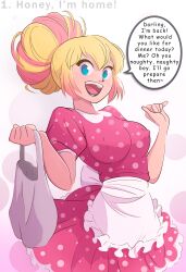 apron black_lipstick blonde_hair breasts clothed dialogue disguised_hypnotist dress english_text erect_nipples erect_nipples_under_clothes gwen_poole gwenpool hair_buns happy_trance hypnovember large_breasts lipstick makeup marvel_comics pink_hair speech_bubble spider-man_(series) spiral_eyes stepfordization tagme text