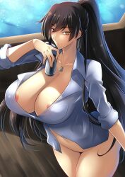 absurdres bare_legs black_hair breasts brown_eyes cleavage dress_shirt empty_eyes erect_nipples female_only femsub haganef happy_trance huge_breasts icontrol_(manipper) long_hair looking_at_viewer manip navel necklace panties ponytail sakuya_shirase smile solo the_idolm@ster the_idolm@ster:_shiny_colors underwear water