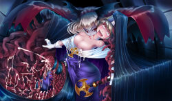  biting blood breasts cape cleavage corruption cum drool femdom futanari futasub glowing glowing_eyes large_breasts open_mouth original penis red_eyes short_hair silk tentaclejob tentacles tongue tongue_out vampire white_hair 
