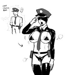  before_and_after clothed clothed_exposure english_text futasub latex malesub mask original police_uniform pubic_hair redmantis saluting simple_background standing_at_attention steam sweat text transformation transgender white_background 